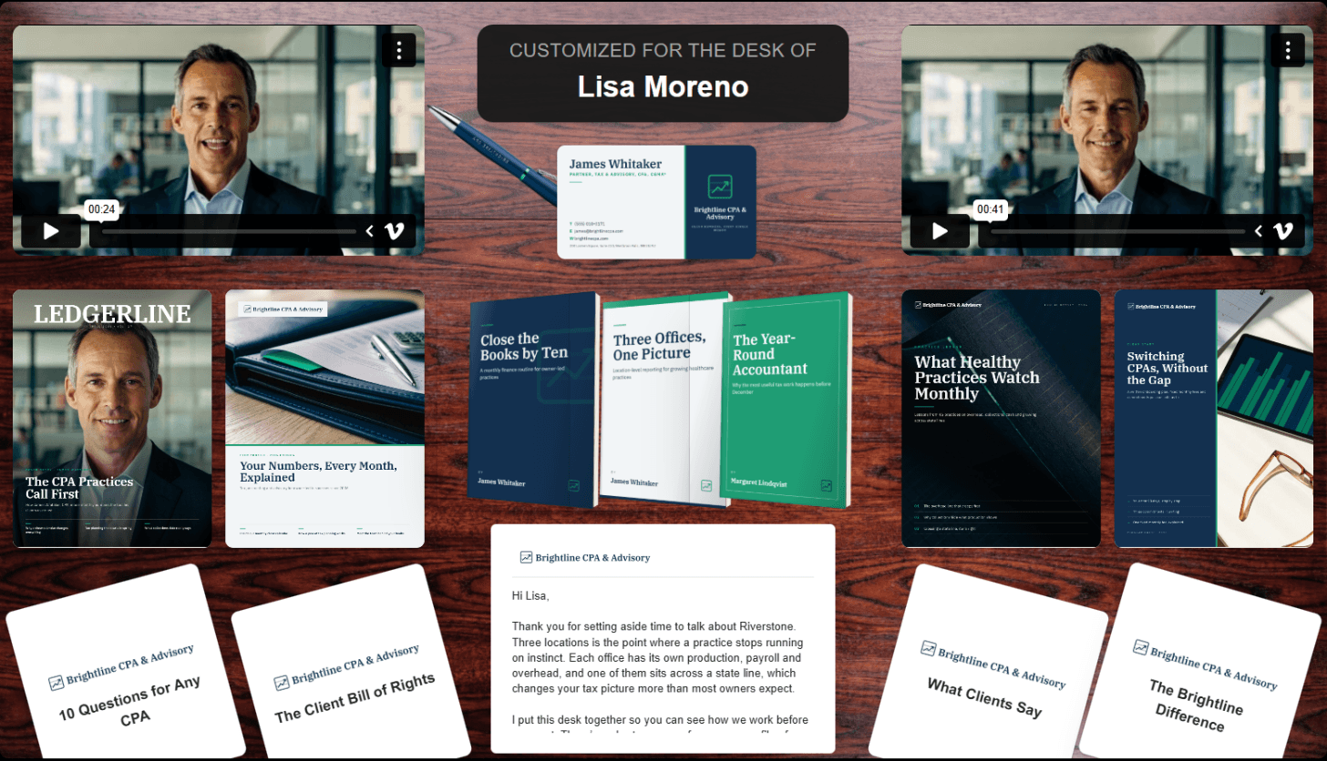 An ActiDesk package from a CPA firm partner to a dental practice owner: two videos from the CPA, a business card and pen, a magazine feature, a firm profile, an annual practice finance report, a program guide, three books, four client guide cards and a cover letter