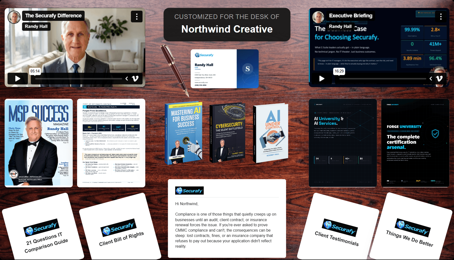 Securafy's own ActiDesk package for a prospect: an owner video and an executive briefing video, a business card and pen, a magazine feature, a company profile, two brochures, three books, four IT guide cards and a cover letter on a wooden desk