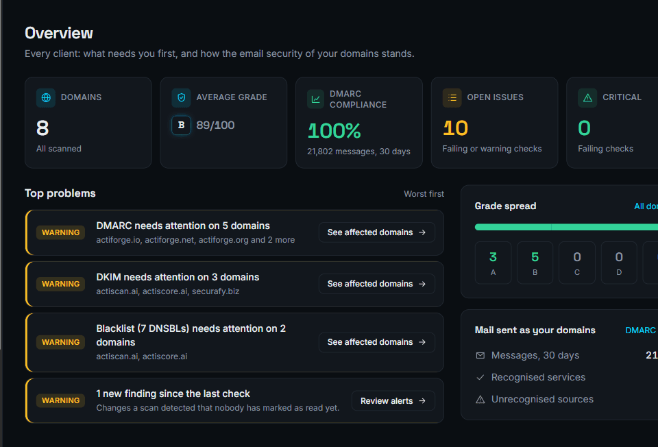 ActiScan's Overview dashboard showing domain count, average grade, DMARC compliance and open issues, with a Top problems list for DMARC, DKIM and blacklist warnings