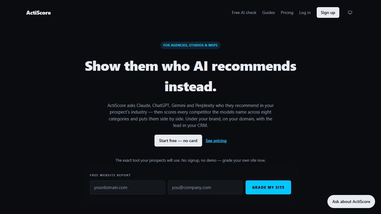 ActiScore's homepage with the free website report form