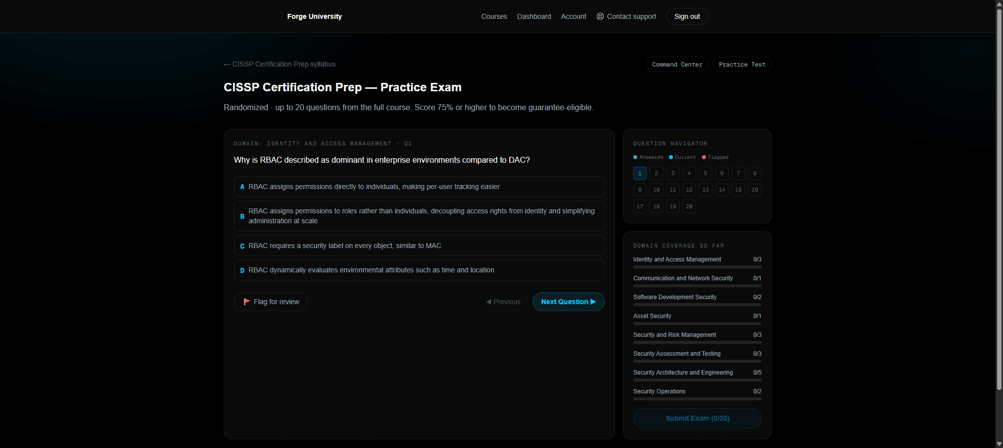 A CISSP practice exam on question 1 of 20, an RBAC versus DAC question with four answer choices, a question navigator, and a domain coverage panel listing all eight CISSP domains